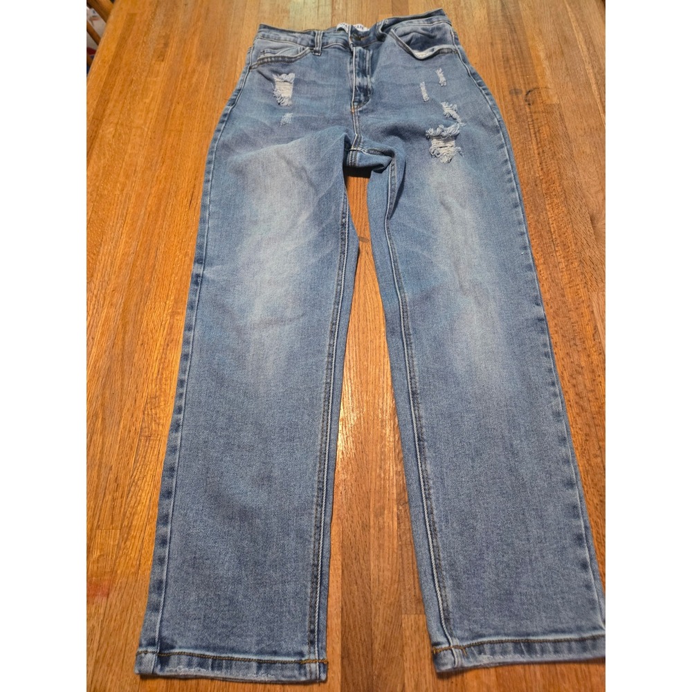 Wax Jean Collection Women 7/28 Blue Distressed High Rise‎ Straight Leg Jeans